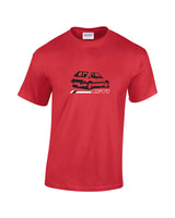 Retro Car T-Shirt showing an image of a Peugeot 205 GTi available in five colours ideal birthday or fathers day gift.