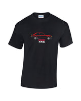 Ford Escort XR3i T Shirt in red or white on black or navy t shirts. Great gifts for classic performance Ford enthusiasts.